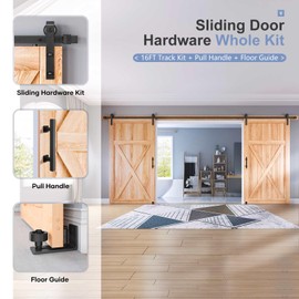 EaseLife 16 FT Double Sliding Barn Door Track and Handle Hardware Kit,Heavy Duty,Basic J Pulley,Slide Smoothly Quietly,Easy Install (16FT Track Kit for 44"~48" Wide Double Door)