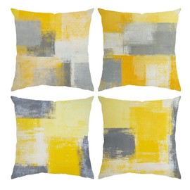 QUALKNOY Set of 4 Velvet Cushion Covers 45x45 cm Yellow Grey Abstract Art Modern Decorative Throw Pillow Cases 18"x18" for Living Room Sofa Garden Outdoor Courtyard Decor Pillowcases