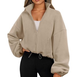 EUDOLAH Women and Men Oversized Rocker Fleece Sport Coat Stand Collar Padded Zip Jacket (Medium,Khaki)