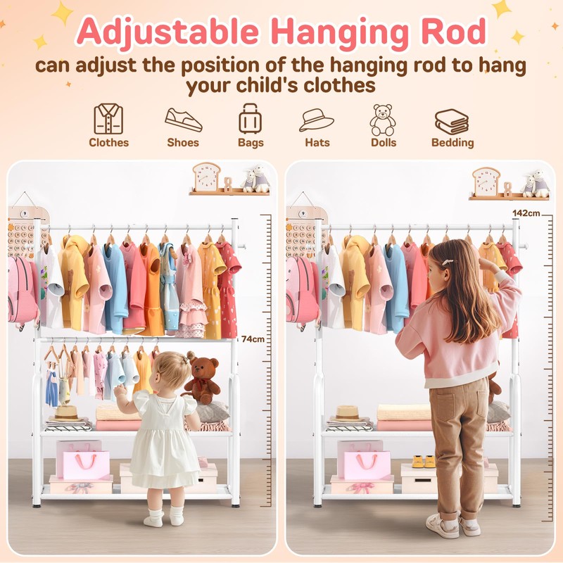 ZHKINGGS Kids Clothing Rack with 2-Layer Storage Shelf and 2