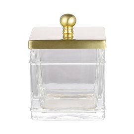 Indecor Home Apothecary Glass Cotton Jar Holder Brushed Gold Stainless Steel Lid, Elegant Bathroom Storage Canister for Qtips, Cotton Balls, Floss, Makeup Organizer, Vanity Bathroom Organization