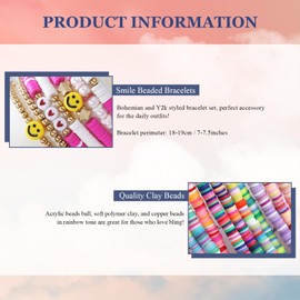 7pcs Friendship Bracelets Set, Colorful Preppy Smile Beaded Stretch Bracelets Stackable Heishi Surfer Clay Pearl Bead Bracelets for Girls Elastic Layering Bracelet Song Album Jewellery Gift Idea, Pink