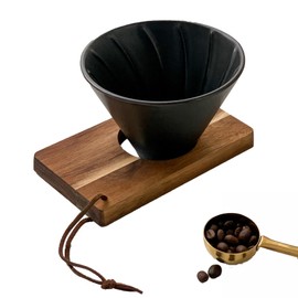 V60 Pour Over Coffee Dripper - Ceramic Coffee Filter with Spiral Rib Design & 25mm Wide Spout, Heat-Resistant Portable Dripper with Walnut Base for Camping, Office, Home Brewing