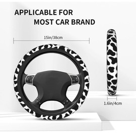 Black and White Cow Print Steering Wheel Cover Anti-Slip and Practical 14.5-15 Inch Universal Car Steering Wheel Cover with 2 Pieces Car Coasters Suitable for Men Women