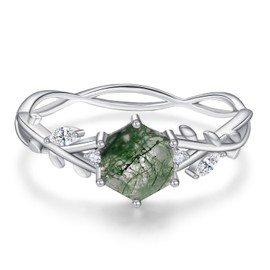 Twoowl Natural Moss Agate Ring 925 Sterling Silver Agate Hexagon Rings Promise Ring Engagement Wedding Jewelry Gift for Women, Metal, Agate