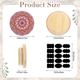 CONEHOY 14 Pcs Yogurt Jar Lids with Silicone Sealing Rings and 14 Bottle Label 2.64 Inches Reusable Bamboo Wooden Mandala Pattern Lids for Coffee Bean Spice Cookie Jars
