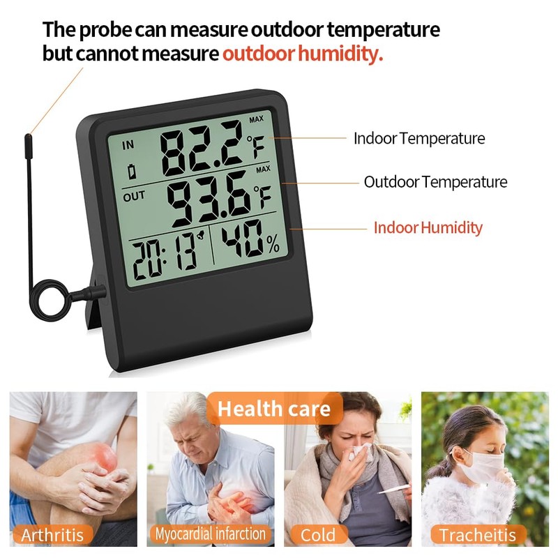 4-in-1 Thermometer Hygrometer with Alarm Clock, Large LCD, 1.5 m