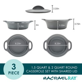 Rachael Ray Solid Glazed Ceramics Casserole Bakeware/Baker Set with Shared Lid, 3 Piece, Dark Gray