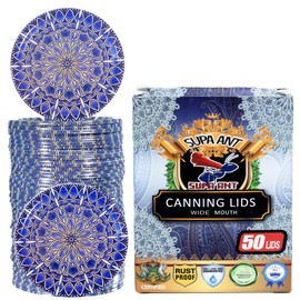Supa Ant Thickest Canning Lids Wide Mouth (50 Pcs.) Food Grade Tin Can Lids for Canned Food -Buckle Proof & Rust Proof Lid for Canning Kit for Wide Mouth Mason Jars (Blue Wall Plate) Canning Supplies