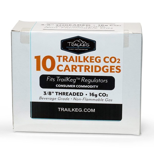 TrailKeg CO2 Cartridges, Food Grade and Beverage Grade Non-Lubricated Co2 Dispensing Accessory for Cocktails, Seltzers, Carbonated Growlers and Mini Kegs 16g, 16 grams, 10-Pack