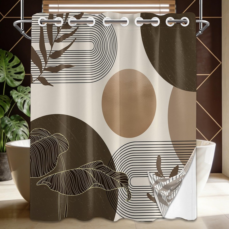 Keeuy Brown and Beige Hookless Shower Curtain with Snap-in Liner,