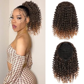 rosmile Short Kinky Curly Ponytail Extension for Black Women, 10 Inch Natural Black Mix Brown Drawstring Curly Ponytail with Two Clips, Synthetic Afro Drawstring Ponytail for Black Women