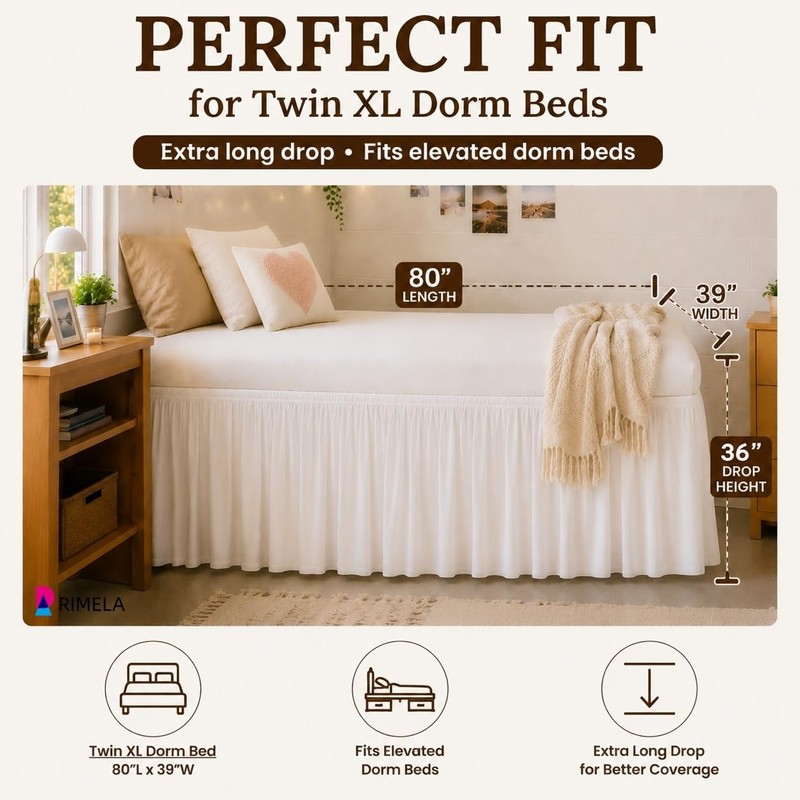 RIMELA College Dorm Bed Skirt Twin XL 36 Inch Drop,