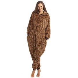 Camille Womens Super Soft Fleece Onesie - Hooded All In One - Long Sleeved and Side Pockets Caramel leopard 18-20