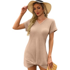 Pxzlxll Beach Swimsuit Coverup for Women V Neck Swimwear Twisted Dresses Bathing Suit,Beige(XXL)
