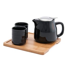 Happy Sales HSTS-KYTGRY, Ceramic Teapot with Stainless Steel Infuser and Wooden Handle 28 fl ounce and Four Tea Cups with Bamboo Serving Tray Tea Set, Gray