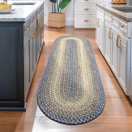 Super Area Rugs Braided Rugs Farmhouse Kitchen Rug - Ridgewood Braided Rug for Living Room - Reversible - Indoor/Outdoor - Made in USA - Blue/Beige, 2' X 8' Oval Runner
