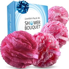 Shower Bouquet RAMO DE DUCHA Esponja de baño de lufa rosa Juego de encaje y malla // 2 exfoliantes en 1 // Esponja grande de 60 g (paquete de 4 colore