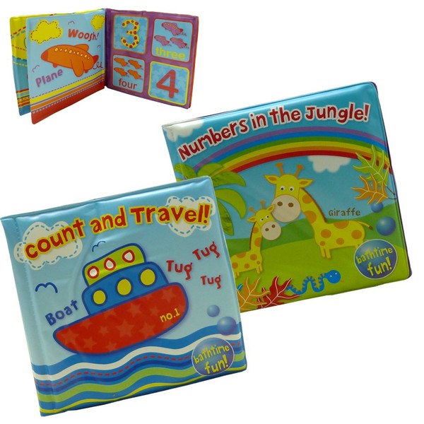Pack of 2 - One Of Each Jungle/Travel Baby Bath Time Book - Colorful and Waterproof Soft Body Book