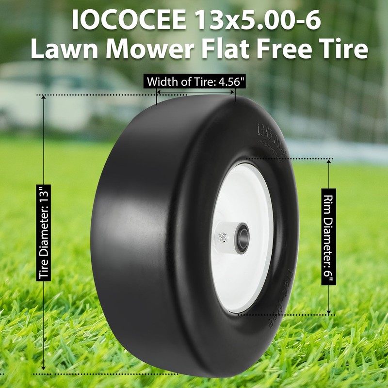2 Pcs Upgrade 13x5.00-6 Flat Free Lawn Mower Tire and