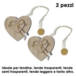 GIRASOLE HOME 2 Pack Wooden Heart Shaped Magnetic Tiebacks Shabby Chic 2 Pack Organza Drawstring for Light Curtains and Curtains (Heart, Natural)