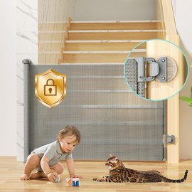 No Drilling Retractable Baby Gates for Stairs with Auto-Lock, 33" x 55" Mesh Baby Dog Pet Cat Gate with Double Locking for Doorways, Durable Child Safety Gate for Hallways Kitchen Indoor Outdoor Gray