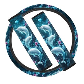 STUOARTE Dolphin Flower Heart Printed Car Steering Wheel Cover 2 Pack Soft Vehicle Seatbelt Pads Shoulder Seat Belt Covers, Universal Fit for SUV Sedan Van Car Accessories, Set pf 3