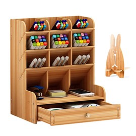 Wooden Desk Organizer, Multi-Functional DIY Pen Holder Storage Box Desktop Stationary Storage Rack for Home, Office and School (B11 Cherry Color)