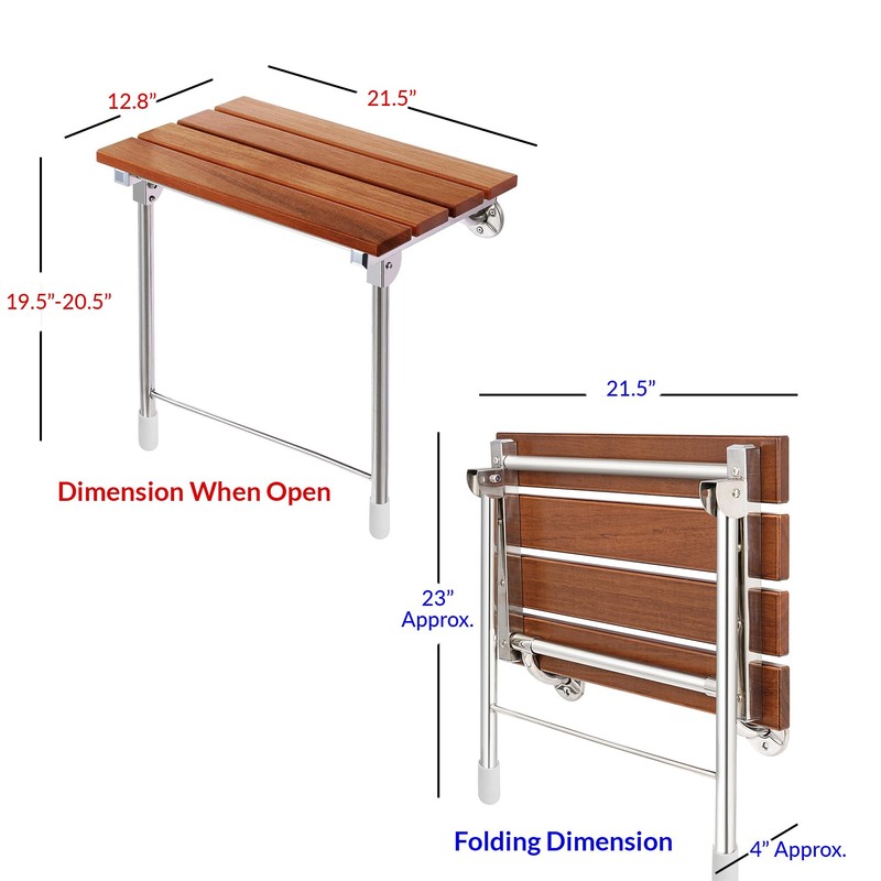 Foldable 21.5" Teak Wood Shower Seat Bench with Supporting Legs,