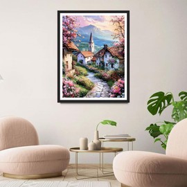 QINRUBB DIY Village Church Diamond Painting Adults, 5D Colourful Flowers Diamond Painting Pictures Beginners, Path Round Full Drill Diamond Art Kits Embroidery Cross Stitch Gifts Home Wall Decor 30 x