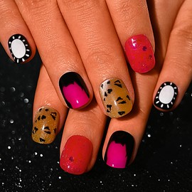 Sethexy Squoval Summer Press on Nails Short - Cat Eye, Glitter Sequins Design Acrylic Full Cover Fake Nails for Women 15 Sizes - 30 Pcs Soft Gel Nails Kit with Glue