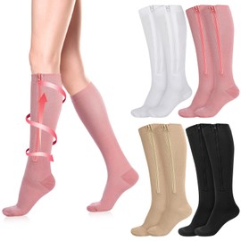 Tarpop 4 Pairs Women Zipper Compression Sock Colorful 20-30mmhg Compression Stockings with Zipper for Women Swelling Edema(S/m)