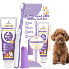 VVHOMIFE Vet Recommended Small Dog Teeth Brushing Kit - Soft Brush and Finger Brush removes 99% of Plaque, Natural Coconut Chicken-Flavored Toothpaste 2.5 oz. for Fresh Breath