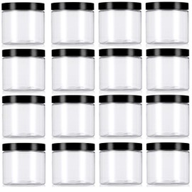 Premium Vials, 8 oz, Clear Plastic Jar with Black Lid (Pack of 16)