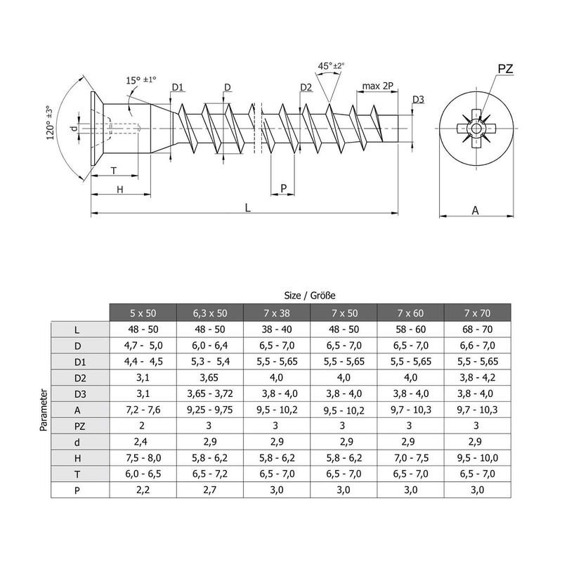 Confirmat Screws Phillips PZ2 5 x 50 mm Countersunk Head