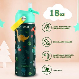 Termo para Niños y Niñas 18 oz - Botella de Agua Acero Inoxidable 100% Antifugas, con 2 Pajitas Incluidas para Escuela, Deportes o Excursiones (Termo Infantil Reutilizable y Aislante) (Verde)