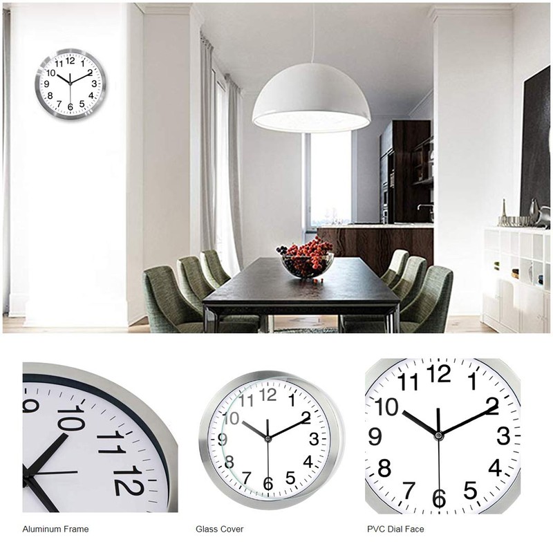 Wall Clock 12 Inch Metal Frame Glass Cover Non-ticking Number