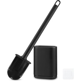 Cepillo de inodoro de silicona y soporte con mango flexible y eficiente, cepillo de inodoro montado en la pared con mango largo y cerdas de silicona, sin problema de mangos oxidados (Negro)