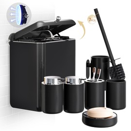 InnJoey 7-Piece Black Bathroom Set with Suction Wall Trash Can - Space Saving Organizer Kit with Toilet Brush, Liquid & Foam Soap Dispenser, Toothbrush Holder, Cup, Soap Dish for Bathroom Kitchen