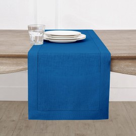 Solino Home Linen Hemstitch Table Runner 120 Inches Long - 100% Pure Linen Indigo Blue Table Runner 14 x 120 Inch for Summer - Classic Hemstitch