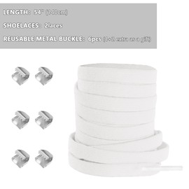 UamGlsob 8mm Wide Elastic Trainer Laces No Tie, Universal Flat Shoelaces with Small Buckle Metal Locks, Quick Lacing System tieless Laces Closure, 140cm Long Cord (White)