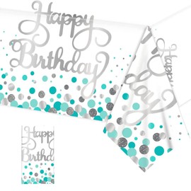 YAAVAAW 137 * 274cm Happy Birthday TableCloth Tablecover Party for Girls Boys Birthday,Green Silver Dot Dining Table Cover Plastic Tablecloths for Baby Girls Boys Men Women Birthday Party Decorations