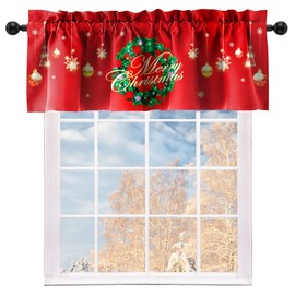 Cuteiush Christmas Valances Wreath Window Short Curtain Valances for Kitchen Bathroom, Rod Pocket Christmas Ornament Ball Small Window Treatment Valances 52x18inch, Red