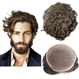 Toupee for Men Human Hairpiece Mens Toupee with Soft Fine Swiss Lace Hair Units Curly Wave Mens Wigs Toupee Human Replacement System 10" x 8" (#4 Light Brown)