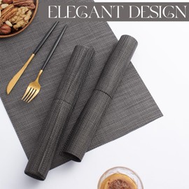 MOSAYT Plastic/Vinyl Placemats Set of 6 - Woven Heat Resistant Place Mats, Washable Outdoor Patio Table Mats for Kitchen/Dining/Party(12 x 18 inch, Dark Grey)
