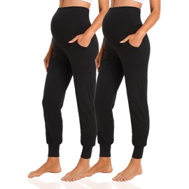 V VOCNI Women's Maternity Pants Maternity Activewear Jogger Track Cuff Sweatpants Over The Belly Stretchy Pregnancy Pants Black&Black,Small