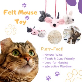 Cat Toy Mouse, 3 Interactive Felt Mice, Eco & Pet-Friendly, Cat Tree Tower House Pounce Toy, Loop Hanging Dangle Mouse