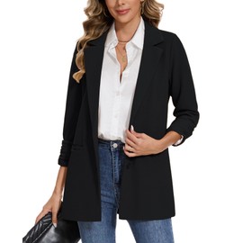 MINTLIMIT Womens Casual Long Blazer Jacket 3/4 Ruched Sleeve Open Front Work Office Blazer Lapel Button Jacket (Black, Size M)