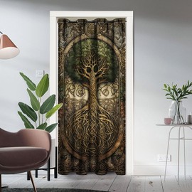 YungHo Viking Door Curtains, Norse Mythology Vintage Viking Style Tree of Life Pattern Cloth Print Door Tapestry Room Divider Curtains for Kitchen Sushi 52" W x 80" L