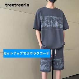 Treetreerin Men's Summer Set (Short Sleeve x Shorts) (Palm Tree Print Creates a Summer Atmosphere) Bottom Set, Sweat Absorbent, Quick Drying, Breathable, Loungewear, Loose Silhouette, Beachwear, Home